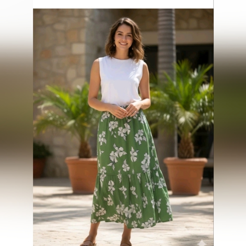 Wonderly Green Floral Maxi Skirt 100% Cotton Made India
